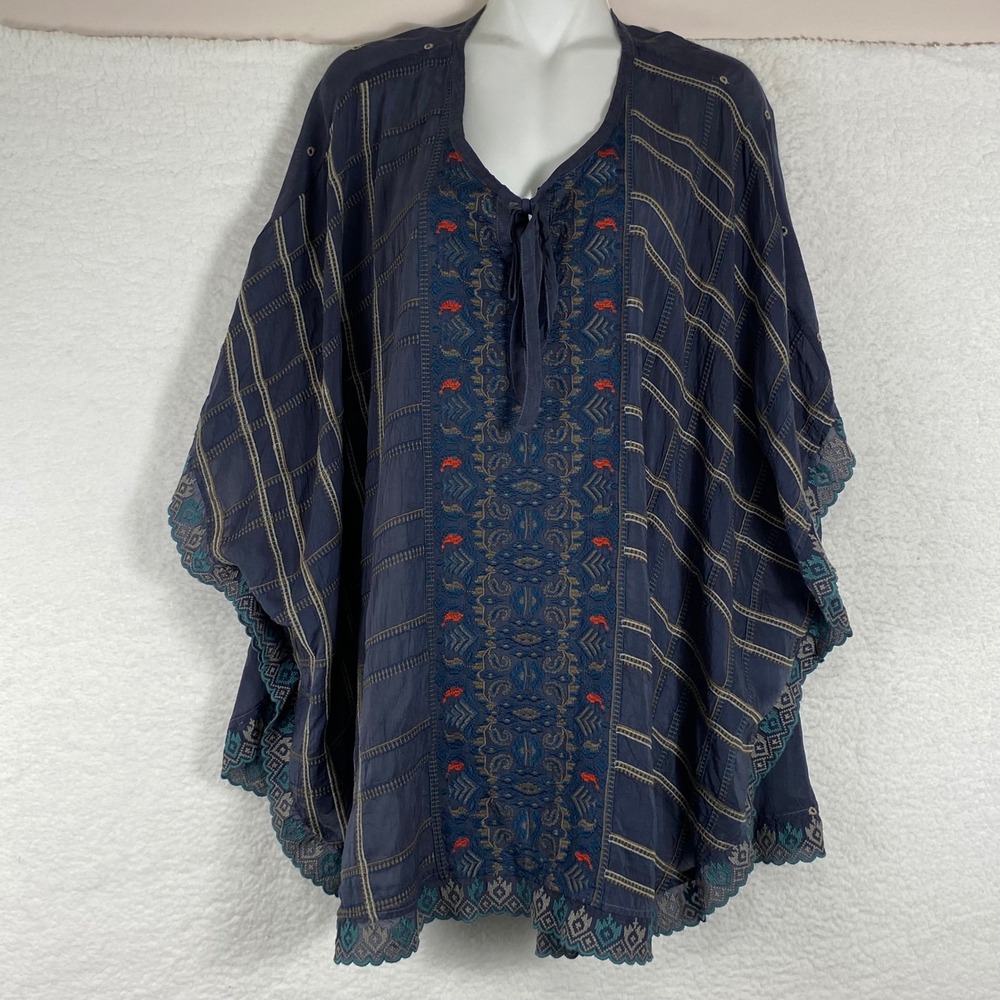 Johnny Was Navy Blue Embroidered Cupra Rayon Poncho Top C19318-3 Womens Large